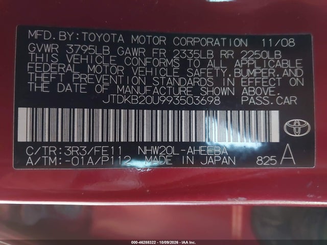 Aukcja sprzedaży 2009 Toyota Prius, vin: JTDKB20U993503698, numer aukcji: 46288322