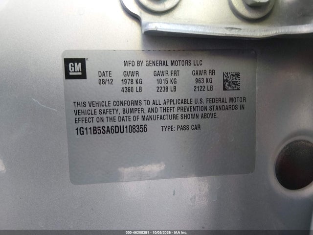46288351 :رقم المزاد ، 1G11B5SA6DU108356 vin ، 2013 Chevrolet Malibu 1ls مزاد بيع