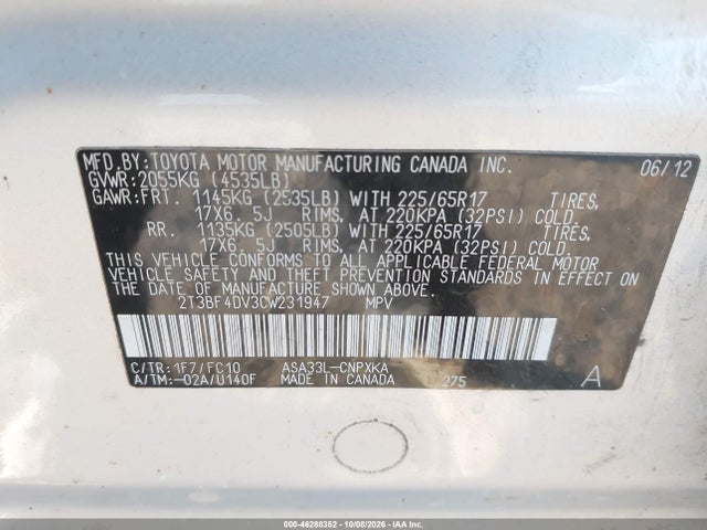 Продаж на аукціоні авто 2012 Toyota Rav4, vin: 2T3BF4DV3CW231947, номер лоту: 46288352