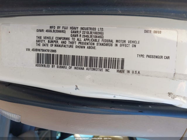 46288357 :رقم المزاد ، 4S3BH675647612965 vin ، 2004 Subaru Outback مزاد بيع