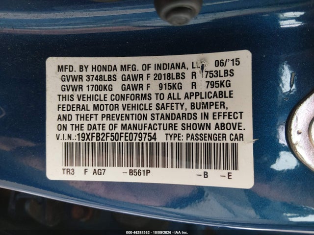 2015 Honda Civic Lx მანქანა იყიდება აუქციონზე, vin: 19XFB2F50FE079754, აუქციონის ნომერი: 46288362