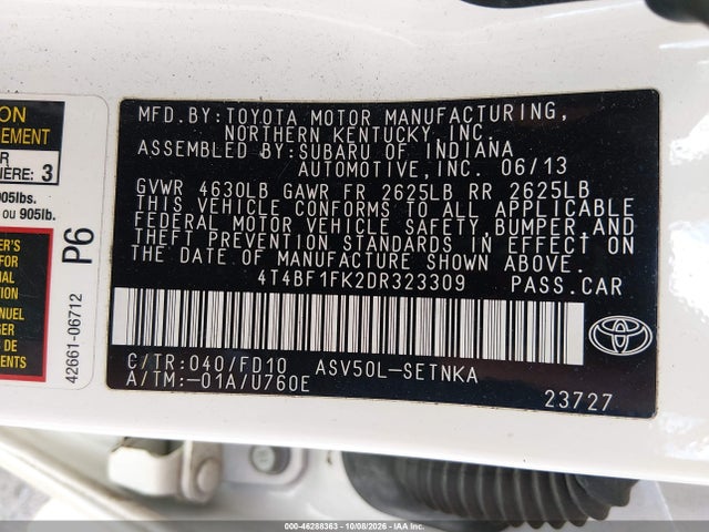 2013 Toyota Camry Le მანქანა იყიდება აუქციონზე, vin: 4T4BF1FK2DR323309, აუქციონის ნომერი: 46288363