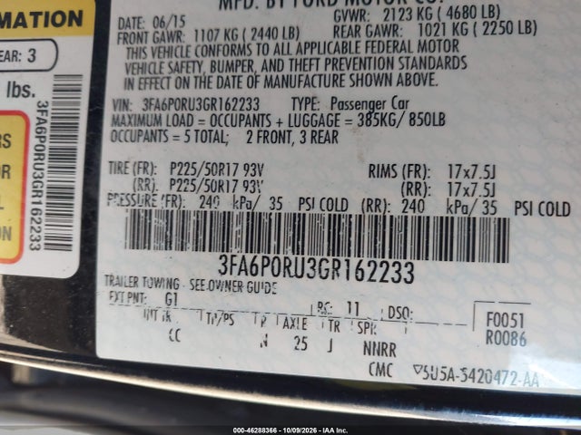2016 Ford Fusion Hybrid Titanium მანქანა იყიდება აუქციონზე, vin: 3FA6P0RU3GR162233, აუქციონის ნომერი: 46288366
