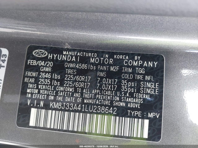 2020 Hyundai Tucson Value მანქანა იყიდება აუქციონზე, vin: KM8J33A41LU238642, აუქციონის ნომერი: 46288378