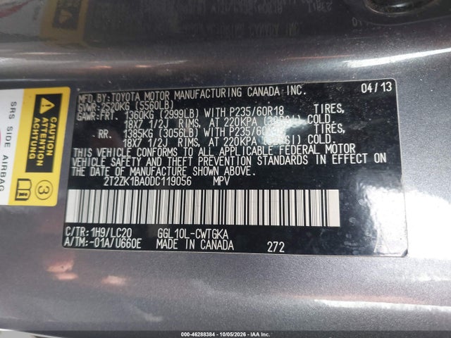 46288384 :رقم المزاد ، 2T2ZK1BA0DC119056 vin ، 2013 Lexus Rx 350 مزاد بيع