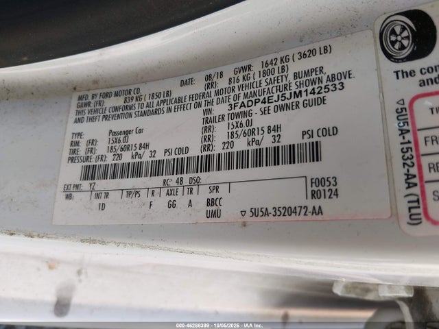 2018 Ford Fiesta Se მანქანა იყიდება აუქციონზე, vin: 3FADP4EJ5JM142533, აუქციონის ნომერი: 46288399