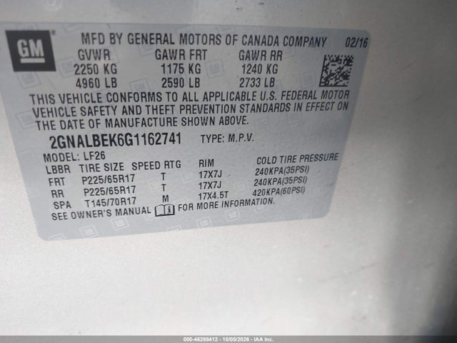 Продаж на аукціоні авто 2016 Chevrolet Equinox Ls, vin: 2GNALBEK6G1162741, номер лоту: 46288412