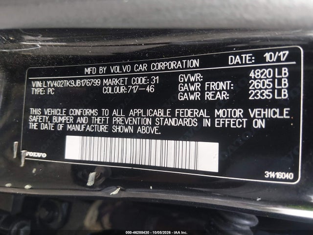 2018 Volvo S60 Inscription T5 მანქანა იყიდება აუქციონზე, vin: LYV402TK9JB176799, აუქციონის ნომერი: 46288430