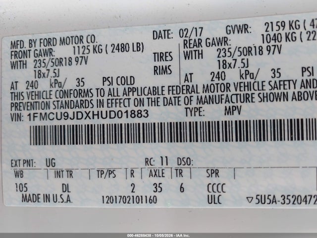 2017 Ford Escape Titanium მანქანა იყიდება აუქციონზე, vin: 1FMCU9JDXHUD01883, აუქციონის ნომერი: 46288438