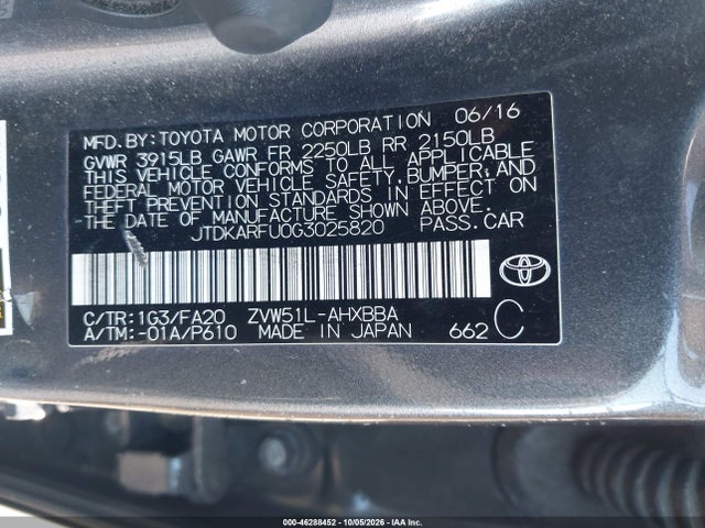 Продаж на аукціоні авто 2016 Toyota Prius Two Eco, vin: JTDKARFU0G3025820, номер лоту: 46288452