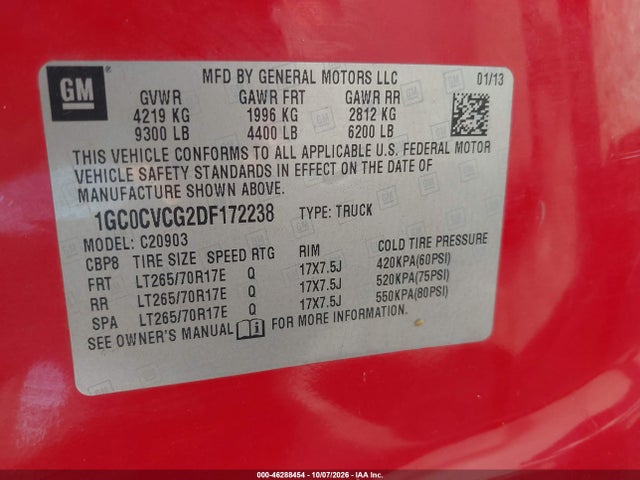 46288454 :رقم المزاد ، 1GC0CVCG2DF172238 vin ، 2013 Chevrolet Silverado 2500hd Work Truck مزاد بيع