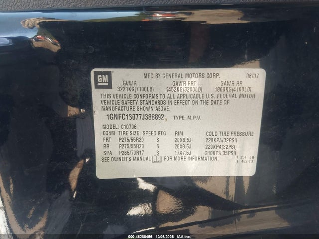 2007 Chevrolet Tahoe Ltz მანქანა იყიდება აუქციონზე, vin: 1GNFC13077J388892, აუქციონის ნომერი: 46288456