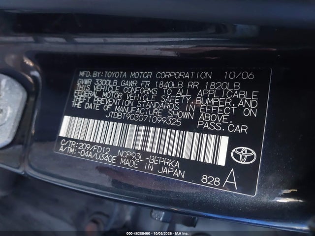46288460 :رقم المزاد ، JTDBT903071099325 vin ، 2007 Toyota Yaris مزاد بيع
