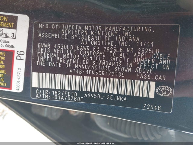 2012 Toyota Camry Le მანქანა იყიდება აუქციონზე, vin: 4T4BF1FK5CR172139, აუქციონის ნომერი: 46288465