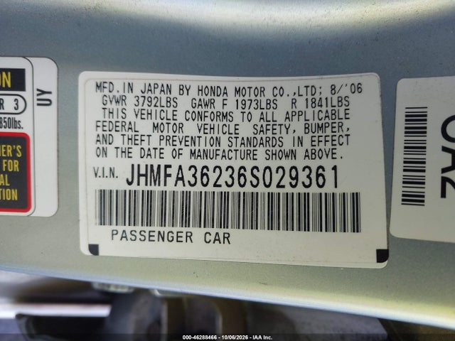 Aukcja sprzedaży 2006 Honda Civic Hybrid, vin: JHMFA36236S029361, numer aukcji: 46288466