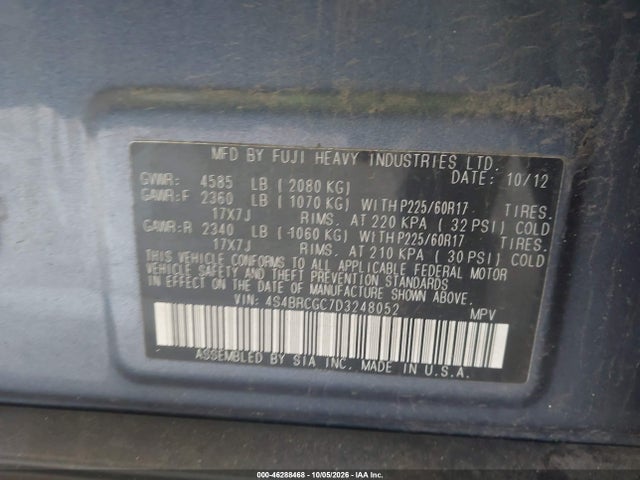 Aukcja sprzedaży 2013 Subaru Outback 2.5i Premium, vin: 4S4BRCGC7D3248052, numer aukcji: 46288468