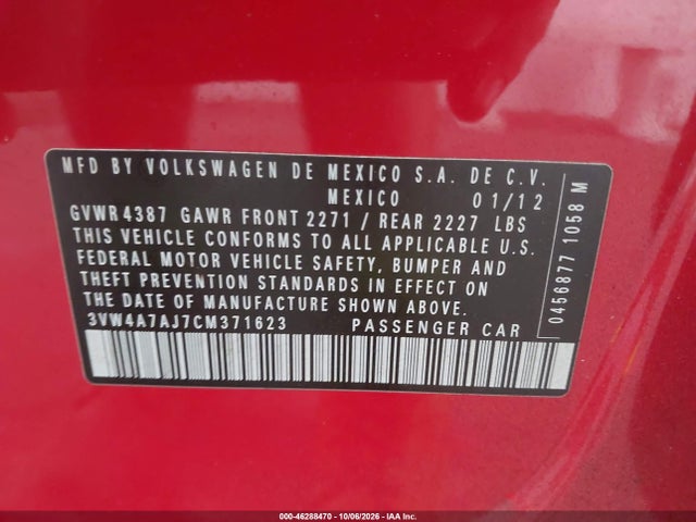 2012 Volkswagen Jetta Gli Autobahn მანქანა იყიდება აუქციონზე, vin: 3VW4A7AJ7CM371623, აუქციონის ნომერი: 46288470