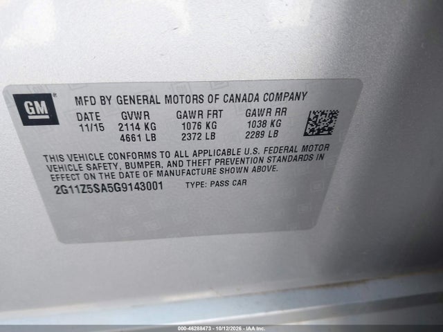 46288473 :رقم المزاد ، 2G11Z5SA5G9143001 vin ، 2016 Chevrolet Impala Ls مزاد بيع
