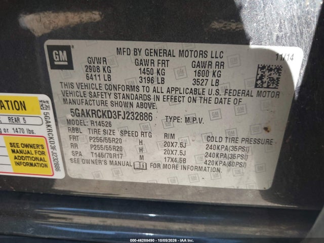 2015 Buick Enclave Premium მანქანა იყიდება აუქციონზე, vin: 5GAKRCKD3FJ232886, აუქციონის ნომერი: 46288490