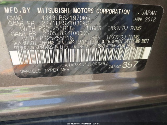 Aukcja sprzedaży 2018 Mitsubishi Outlander Sport 2.0 Le, vin: JA4AP3AU4JU003393, numer aukcji: 46288495