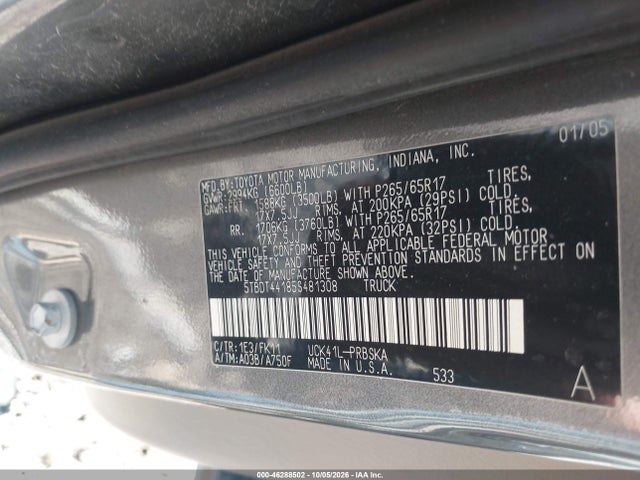 Продаж на аукціоні авто 2005 Toyota Tundra Sr5 V8, vin: 5TBDT44185S481308, номер лоту: 46288502