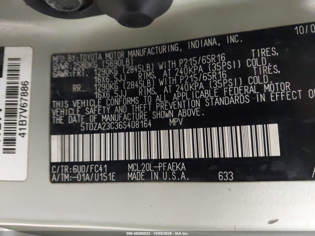 2006 Toyota Sienna Le მანქანა იყიდება აუქციონზე, vin: 5TDZA23C36S408164, აუქციონის ნომერი: 46288522