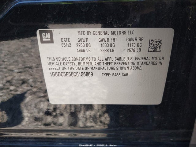 Aukcja sprzedaży 2012 Cadillac Cts Standard, vin: 1G6DC5E50C0156069, numer aukcji: 46288523