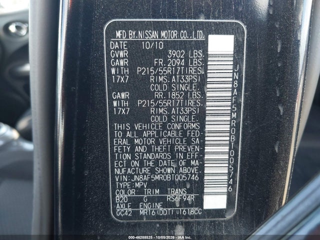 Продажа на аукционе авто 2011 Nissan Juke Sv, vin: JN8AF5MR0BT005746, номер лота: 46288525