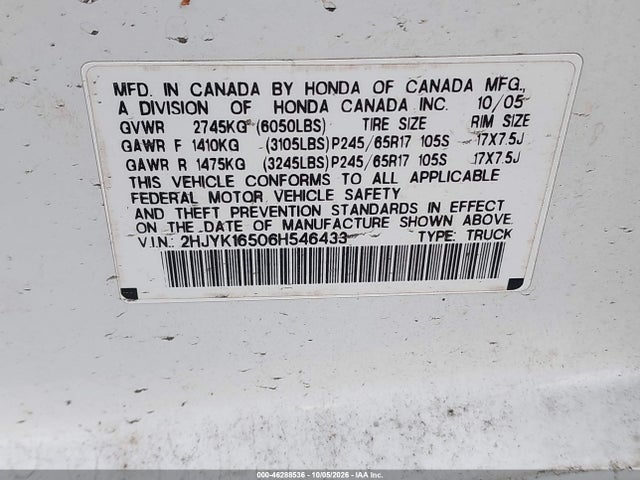 2006 Honda Ridgeline Rtl მანქანა იყიდება აუქციონზე, vin: 2HJYK16506H546433, აუქციონის ნომერი: 46288536