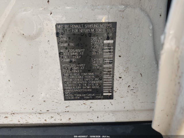 46288537 :رقم المزاد ، KNMAT2MV3JP592466 vin ، 2018 Nissan Rogue Sv مزاد بيع