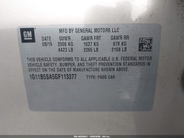 Aukcja sprzedaży 2016 Chevrolet Malibu Limited Ls, vin: 1G11B5SA5GF113377, numer aukcji: 46288541