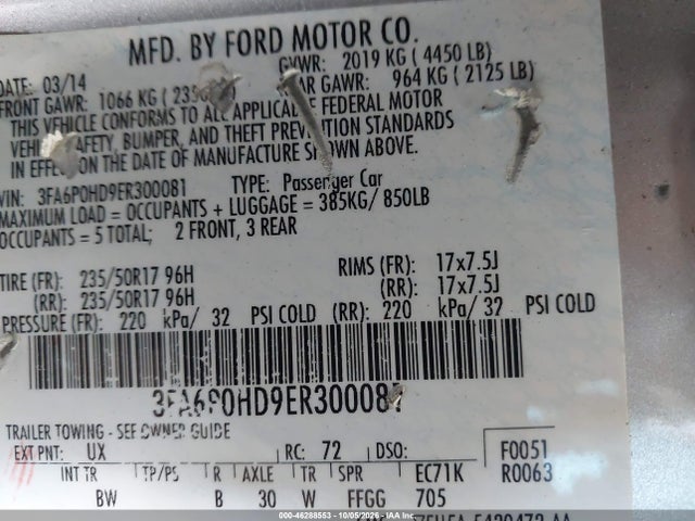 46288553 :رقم المزاد ، 3FA6P0HD9ER300081 vin ، 2014 Ford Fusion Se مزاد بيع