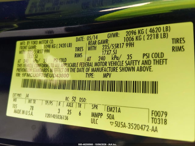 Продажа на аукционе авто 2014 Ford Escape S, vin: 1FMCU0F70EUD43800, номер лота: 46288568