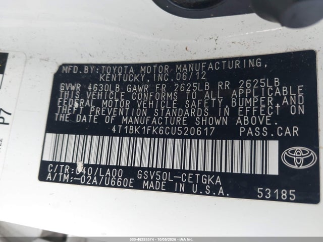 Aukcja sprzedaży 2012 Toyota Camry Xle V6, vin: 4T1BK1FK6CU520617, numer aukcji: 46288574