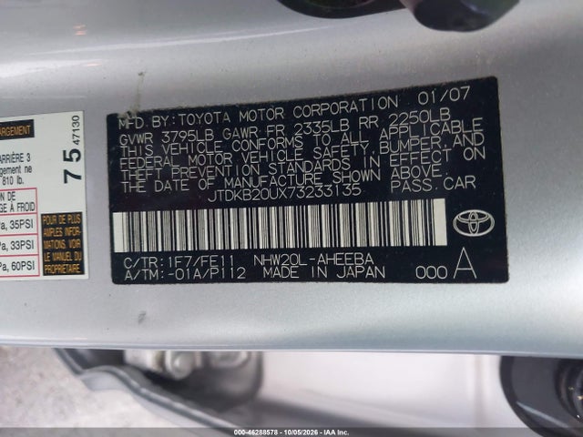 46288578 :رقم المزاد ، JTDKB20UX73233135 vin ، 2007 Toyota Prius مزاد بيع