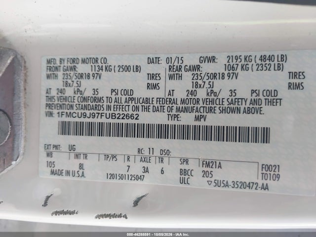 46288591 :رقم المزاد ، 1FMCU9J97FUB22662 vin ، 2015 Ford Escape Titanium مزاد بيع