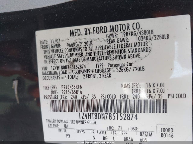 46288602 :رقم المزاد ، 1ZVHT80N785152874 vin ، 2008 Ford Mustang V6 Deluxe/v6 Premium مزاد بيع