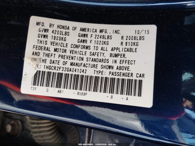 2016 Honda Accord Lx მანქანა იყიდება აუქციონზე, vin: 1HGCR2F32GA041042, აუქციონის ნომერი: 46288605