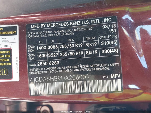 Aukcja sprzedaży 2013 Mercedes-benz Ml 350 4matic, vin: 4JGDA5HB9DA206009, numer aukcji: 46288611