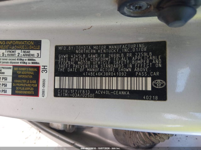 Продажа на аукционе авто 2008 Toyota Camry Le, vin: 4T4BE46K38R041092, номер лота: 46288616