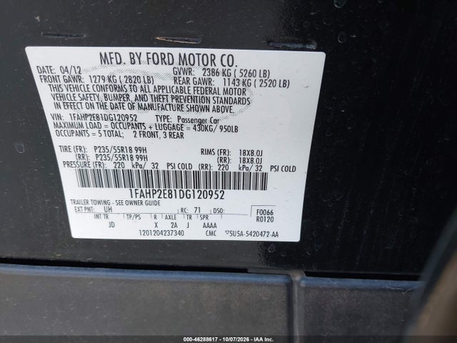 2013 Ford Taurus Sel მანქანა იყიდება აუქციონზე, vin: 1FAHP2E81DG120952, აუქციონის ნომერი: 46288617