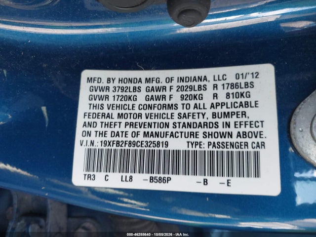 2012 Honda Civic Ex მანქანა იყიდება აუქციონზე, vin: 19XFB2F89CE325819, აუქციონის ნომერი: 46288640