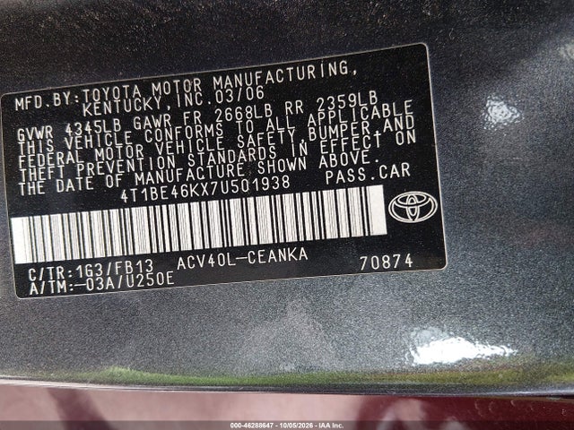 Продажа на аукционе авто 2007 Toyota Camry Le, vin: 4T1BE46KX7U501938, номер лота: 46288647