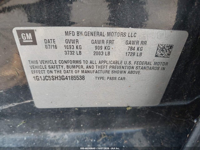 46288649 :رقم المزاد ، 1G1JC5SH3G4185538 vin ، 2016 Chevrolet Sonic Lt Auto مزاد بيع