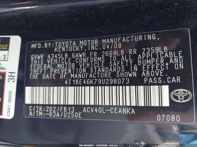 46288661 :رقم المزاد ، 4T1BE46K79U298073 vin ، 2009 Toyota Camry Le مزاد بيع