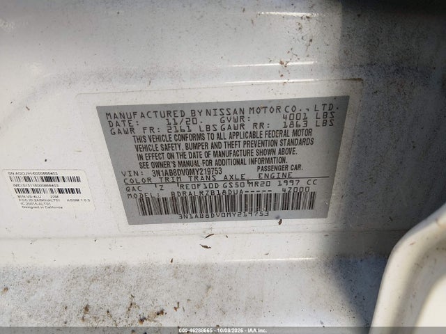 2021 Nissan Sentra Sr Xtronic Cvt მანქანა იყიდება აუქციონზე, vin: 3N1AB8DV0MY219753, აუქციონის ნომერი: 46288665