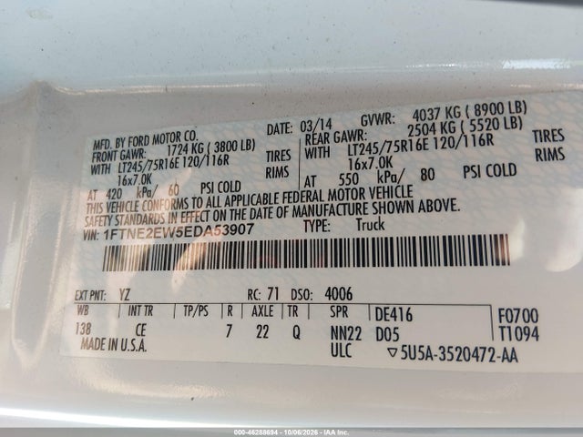 Продажа на аукционе авто 2014 Ford E-250 Commercial, vin: 1FTNE2EW5EDA53907, номер лота: 46288694