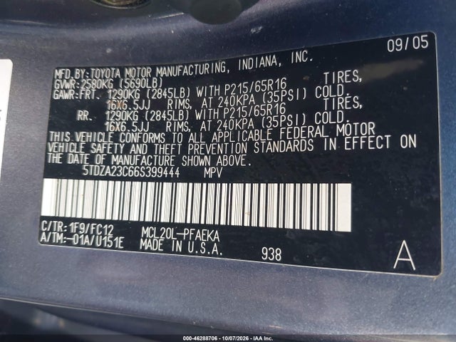 Aukcja sprzedaży 2006 Toyota Sienna Le, vin: 5TDZA23C66S399444, numer aukcji: 46288706