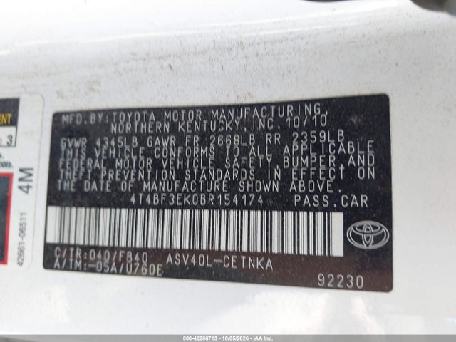 Продаж на аукціоні авто 2011 Toyota Camry Le, vin: 4T4BF3EK0BR154174, номер лоту: 46288713