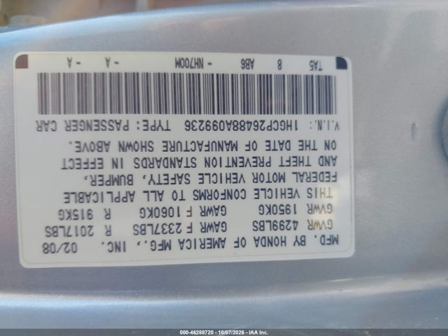 46288720 :رقم المزاد ، 1HGCP26488A099236 vin ، 2008 Honda Accord 2.4 Lx-p مزاد بيع